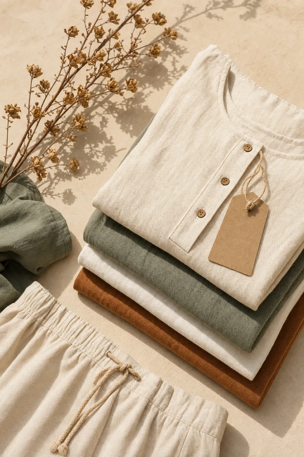 Flatlay of folded linen and organic cotton garments in cream, sage and clay tones