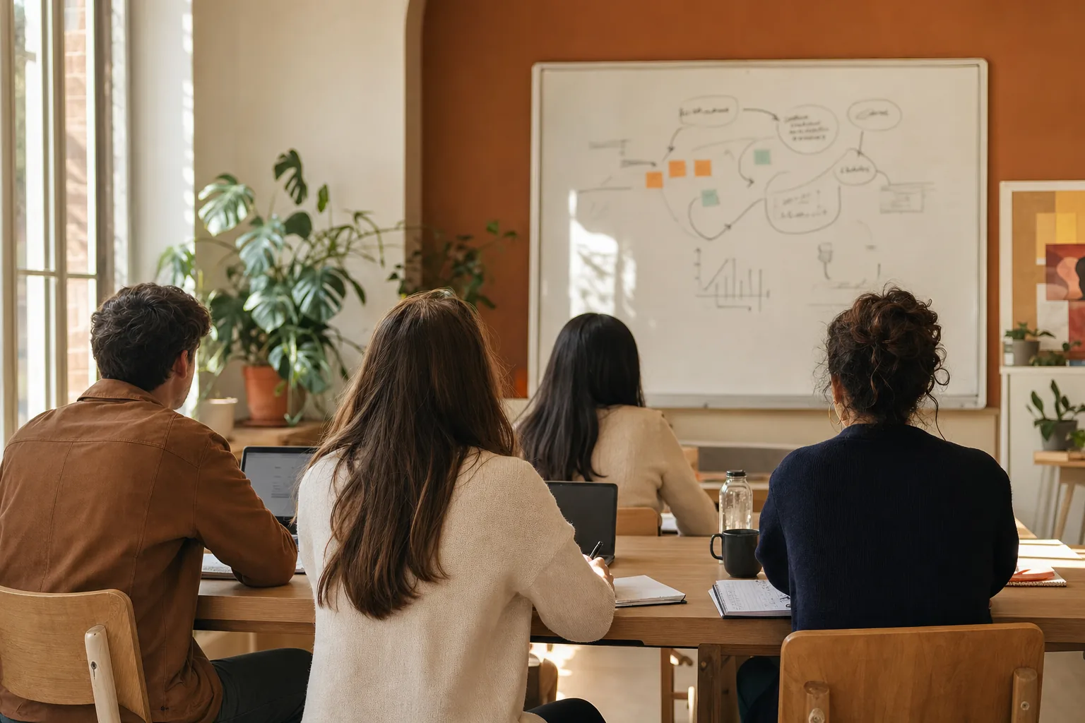 Small marketing workshop: founders seen from behind at a light oak table facing a whiteboard